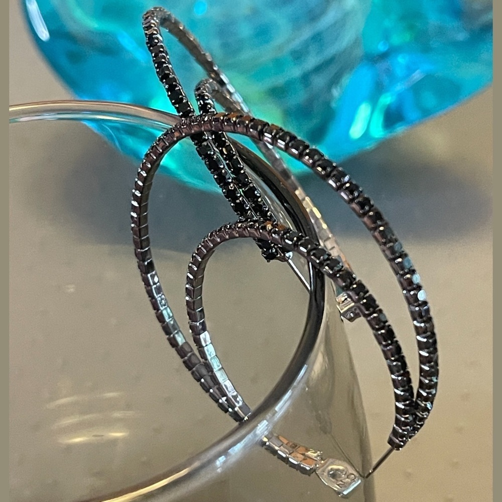 RJ GRAZIANO “Double Dazzle" Crystal Hoops in Black with Closed Clasp NWT